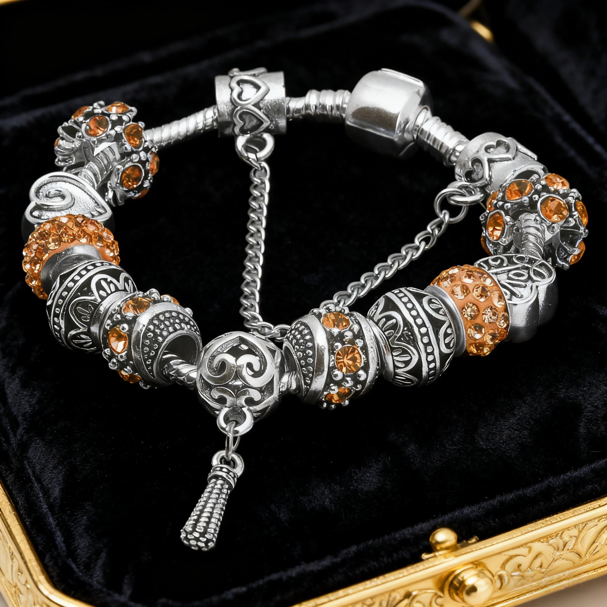 Women’s Vintage Silver-Plated Charm Bracelet - Crystal-Embedded Hollow Carved Multi-Bead Fashion Jewelry(orange-17cm) — image 3
