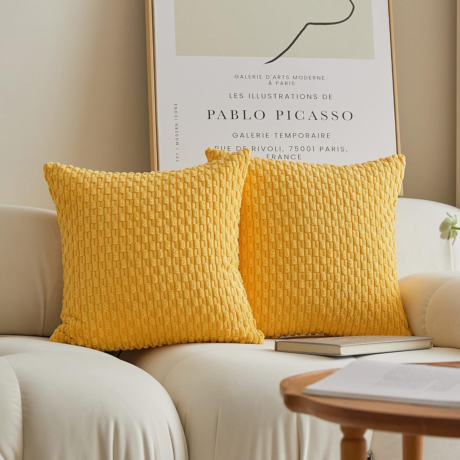 2 Pack Striped Velvet Corduroy Pillow Covers, Decorative Throw Cushion Cases for Couch, Sofa and Bed, 22 x 22-Inch, Yellow