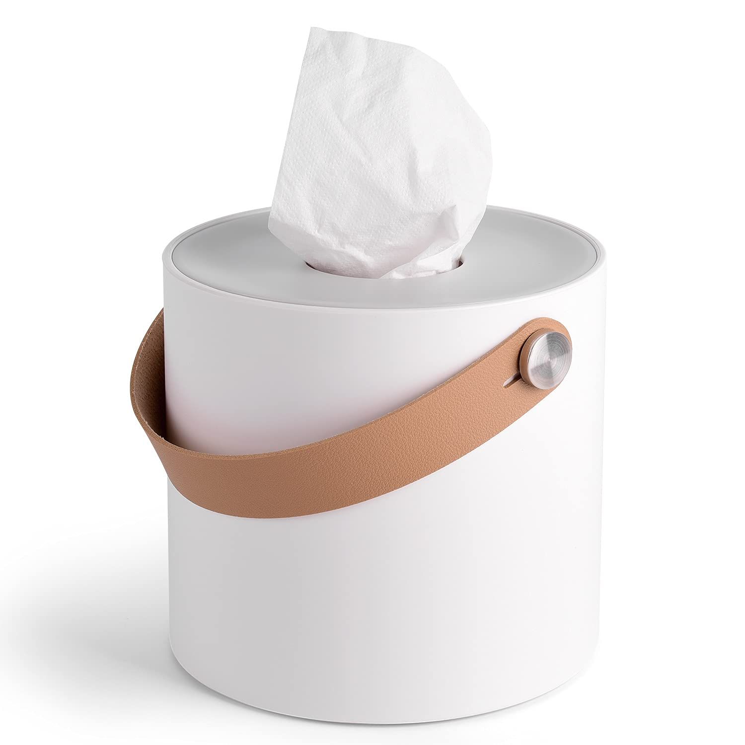 Modern Round Tissue Dispenser Holder Plastic Box Cover Napkin Organizer with leather handles for bathroom vanity tops
