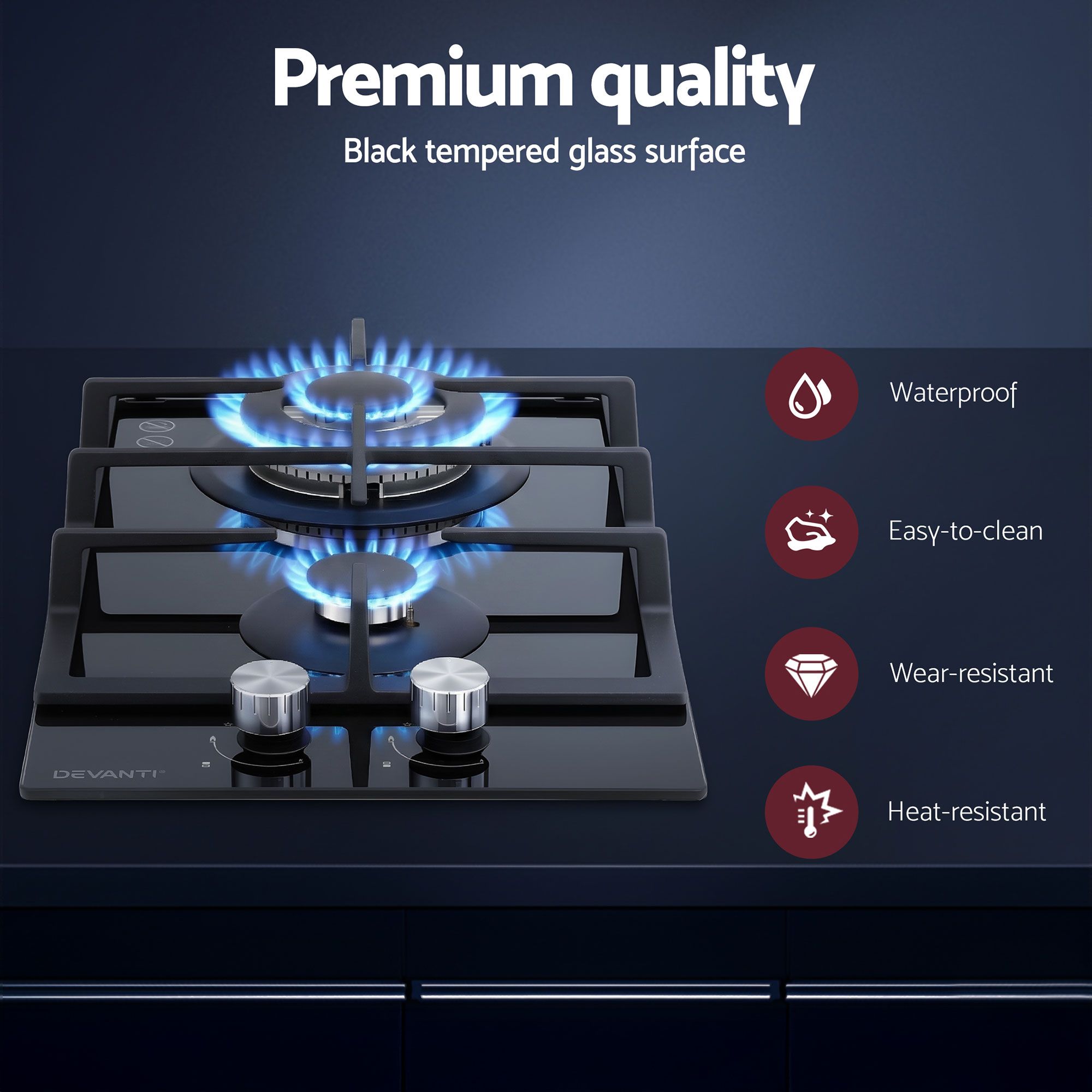 Devanti Gas Cooktop 30cm 2 Burner Built-in Stove Glass Cook Top NG LPG Wok Burner — image 4
