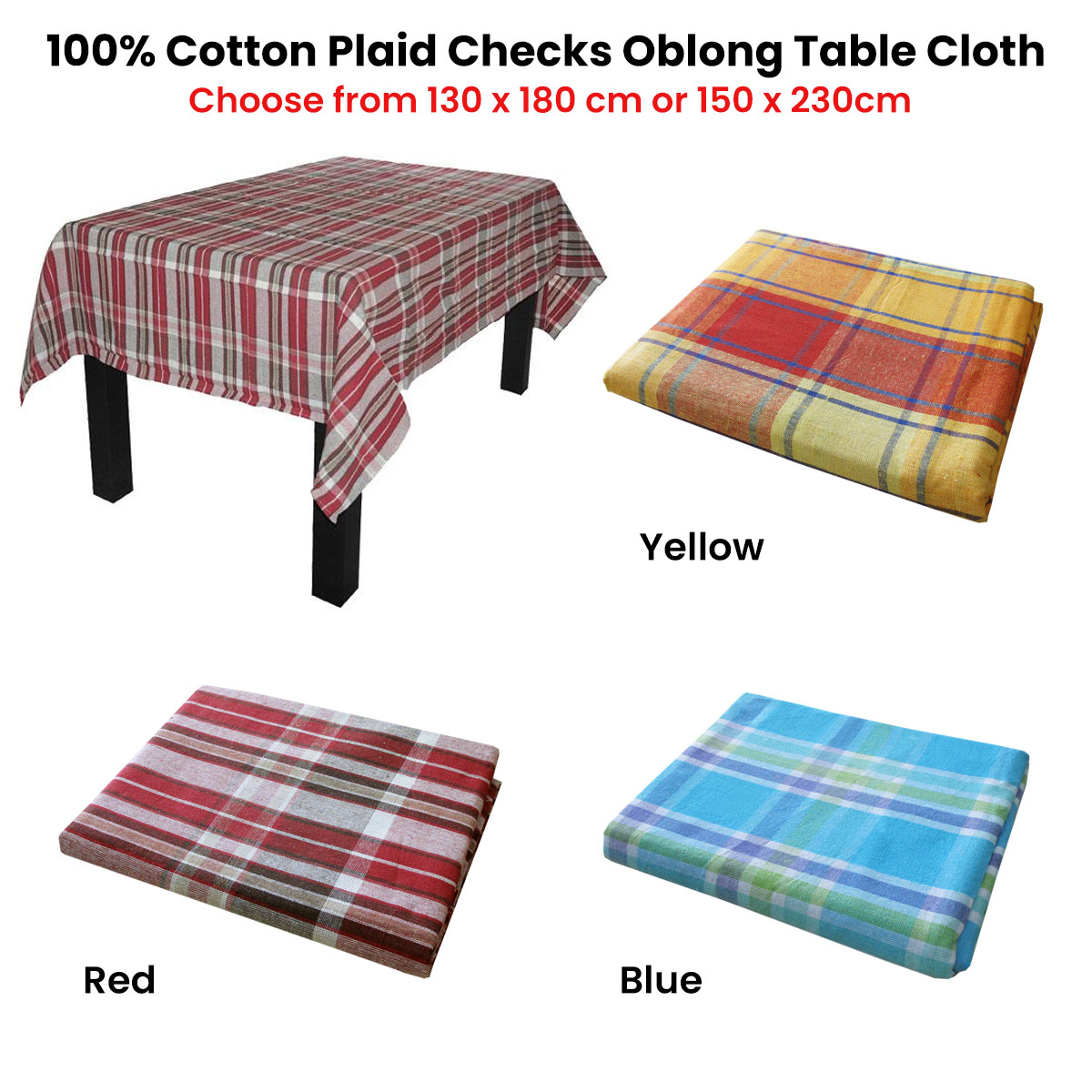 Cotton Plaid Checks Oblong Table Cloth Yellow 130 x 180cm โ image 3