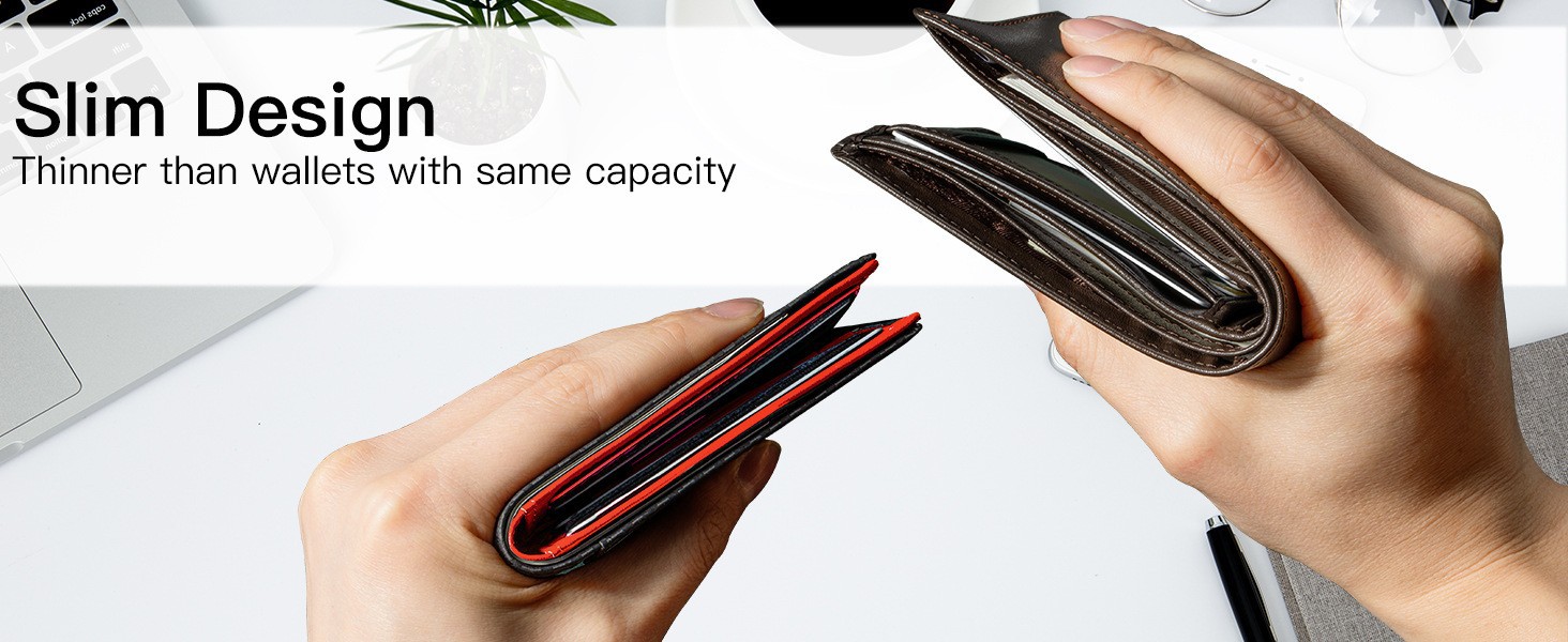 Men's Slim Leather Bifold Wallet - RFID Blocking, 11 Card Slots, ID Window(Carbon Orange Twill) — image 5