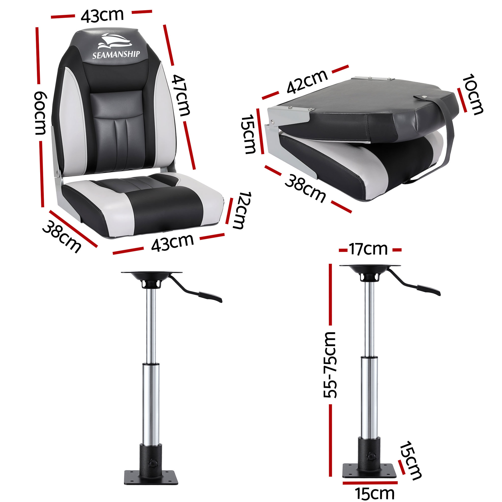 Seamanship 2X Folding Boat Seats with 2X Adjustable Pedestals 55–75cm Marine Seat Swivel High Back 12cm Padding Black — image 2