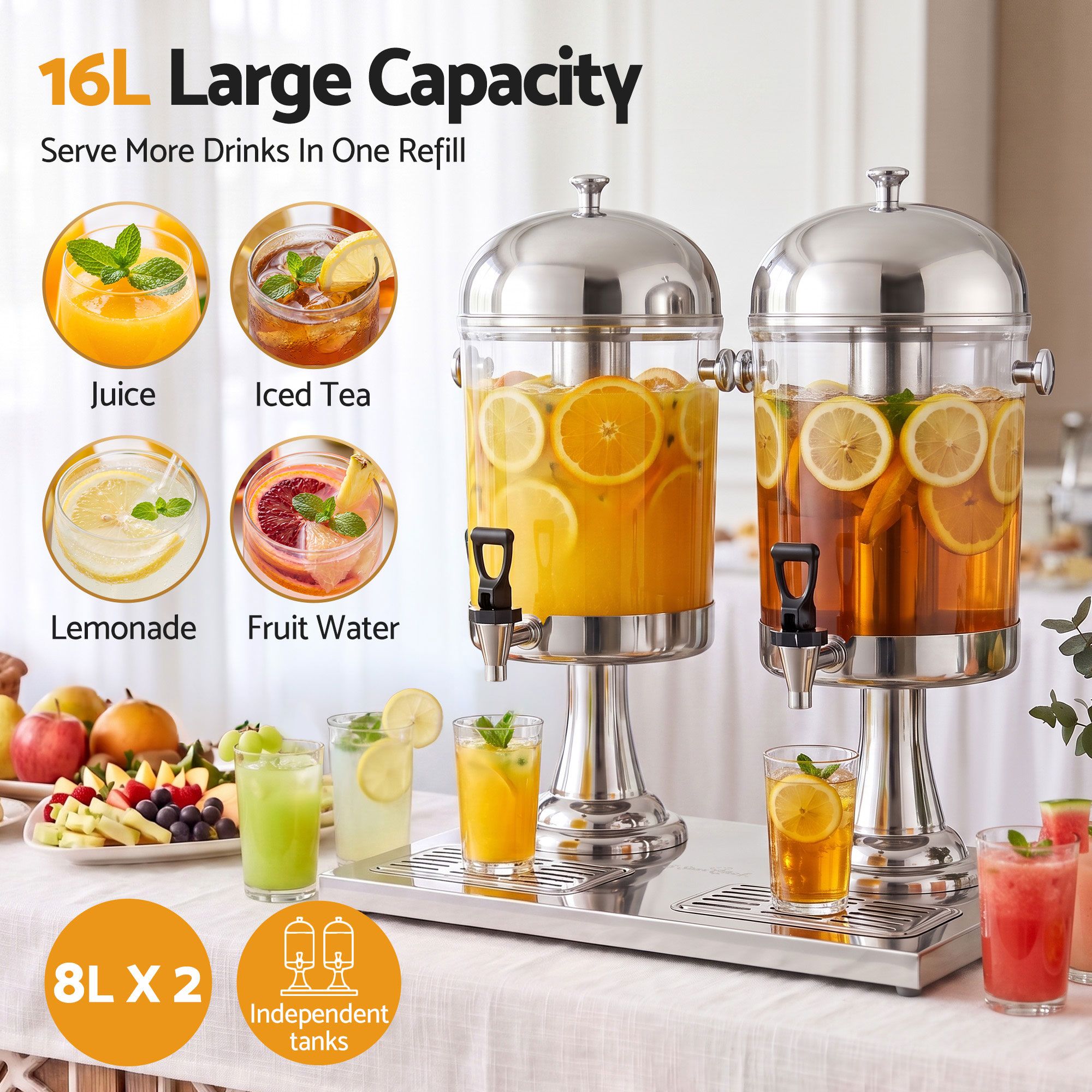 5-Star Chef 16L Dual Tank Juice Dispenser Drink Beverage Server Ice Tubes — image 4