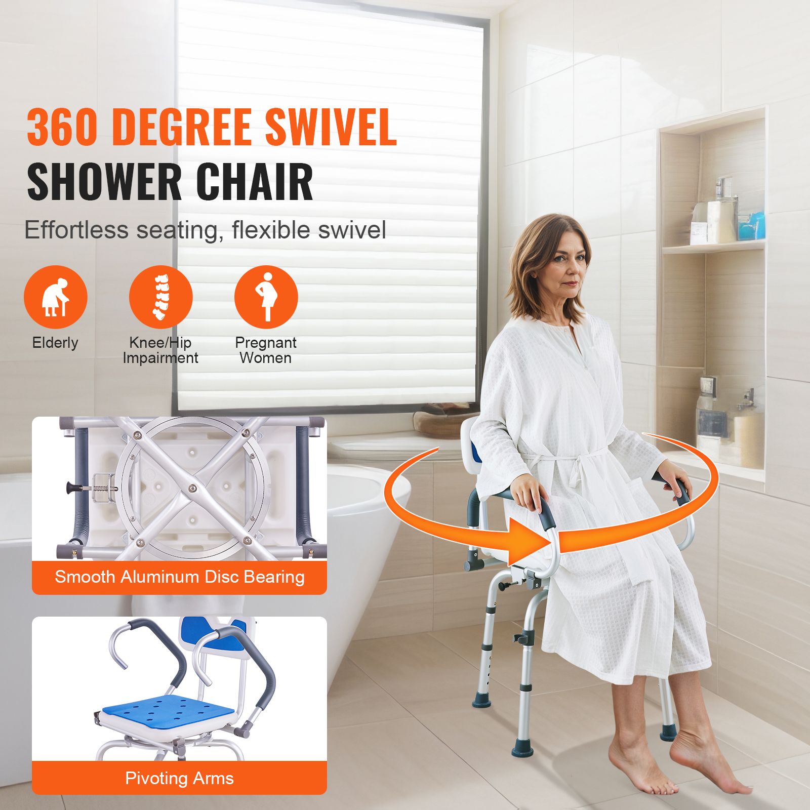 Swivel Shower Chair 360 Degree, Adjustable Shower Seat with Pivoting Arms for Inside Showers or Tubs, Non-Slip Rotating Bathtub Shower Chair for Elderly — image 2