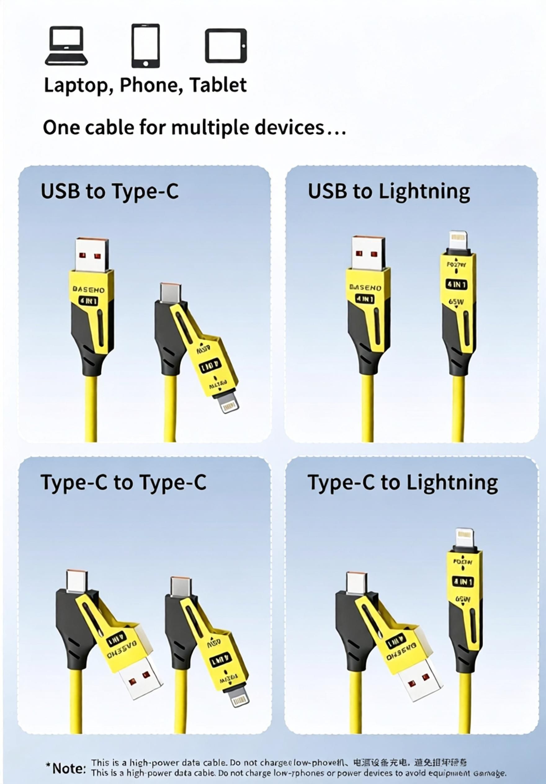4-in-1 Retractable Spring USB Charging Cable - 65W Multi-Function Carplay Data Cord with 2-in-2 Splitter for Car Office - 1.2M 2-Pack Yellow — image 3