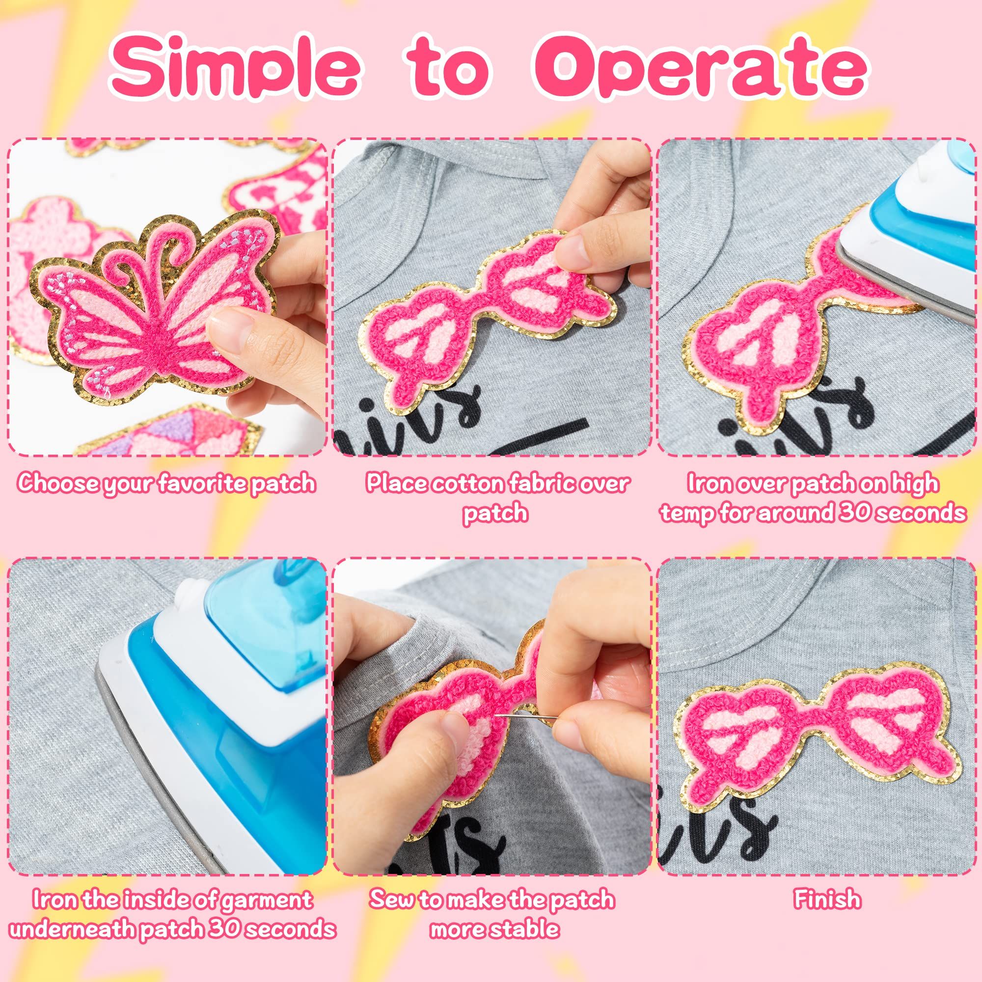 10Pcs Pink Iron on Patches for Girls Y2K Chenille Embroidered Repair Patch Hanging Lip Lightning Bolt Leopard Face DIY Accessories โ image 3