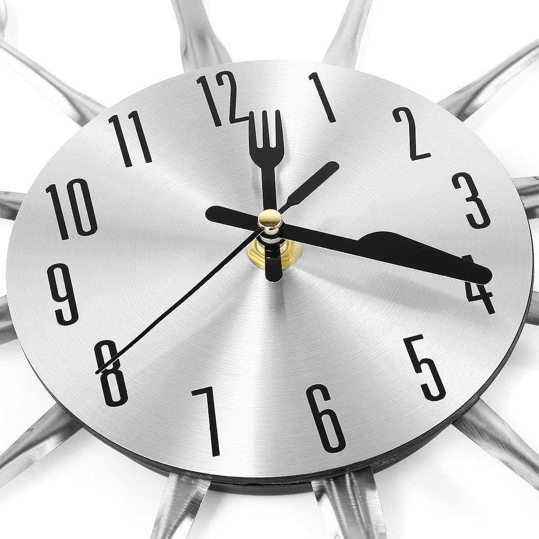Metal Kitchen Cutlery Wall Clock 14 Inch with Fork Spoon 3D Non Ticking Quartz Watch Clock for Bedroom Home Decor,Silver — image 2