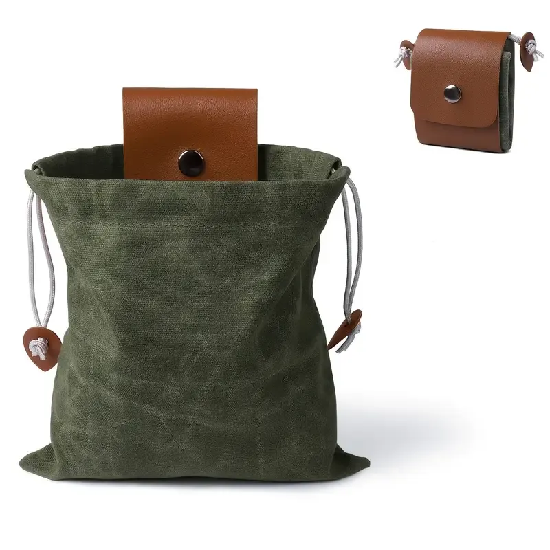Canvas Foraging Bag Outdoor Fruit Picking Pouch Waist Pack Bushcraft Tool Bag PU Leather Lightweight Foldable Organizer/green