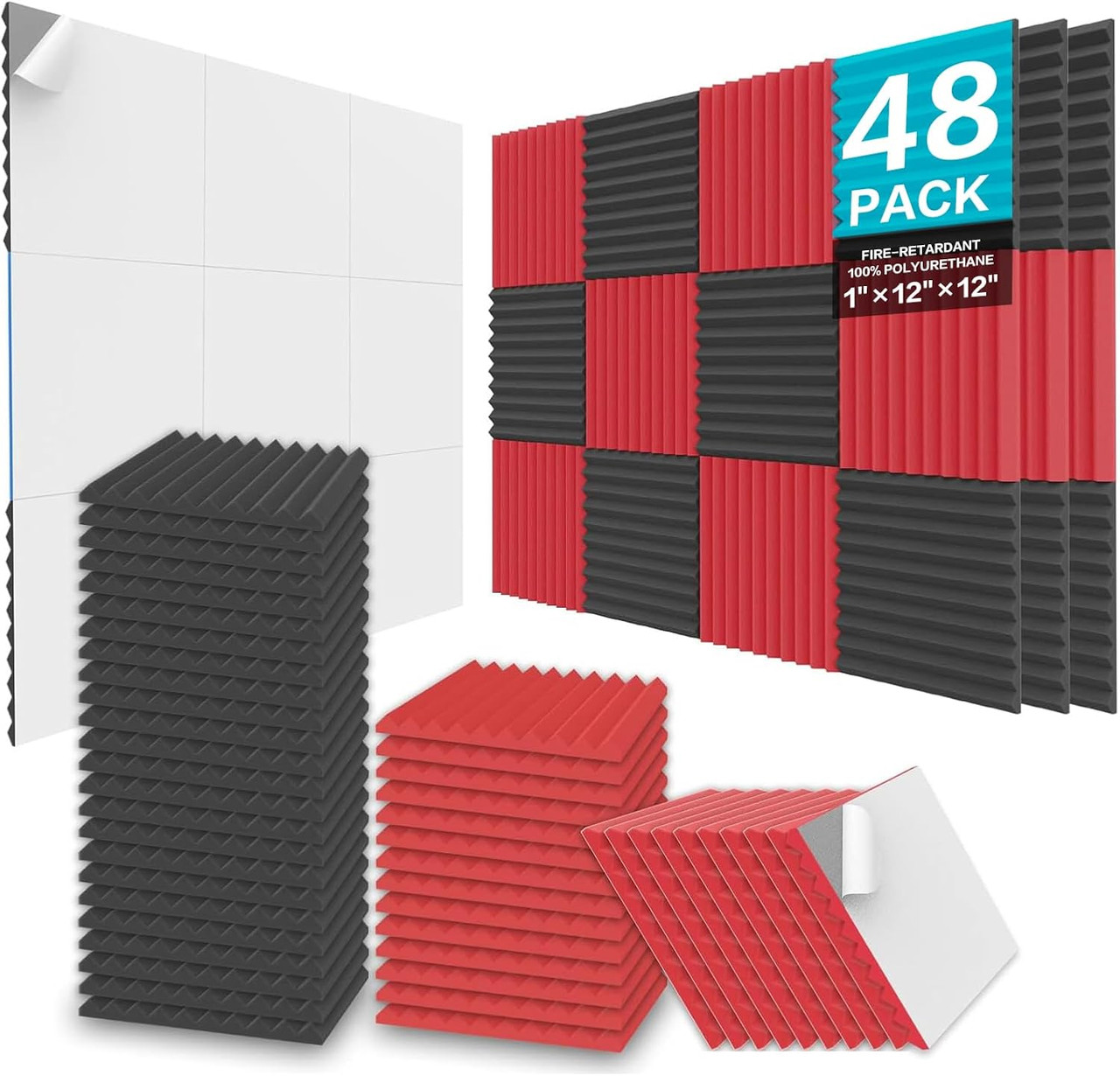 JBER Acoustic Panels Foam Wedges 48pcs 30 × 2.5cm for Soundproof Padding Wall Black&Red