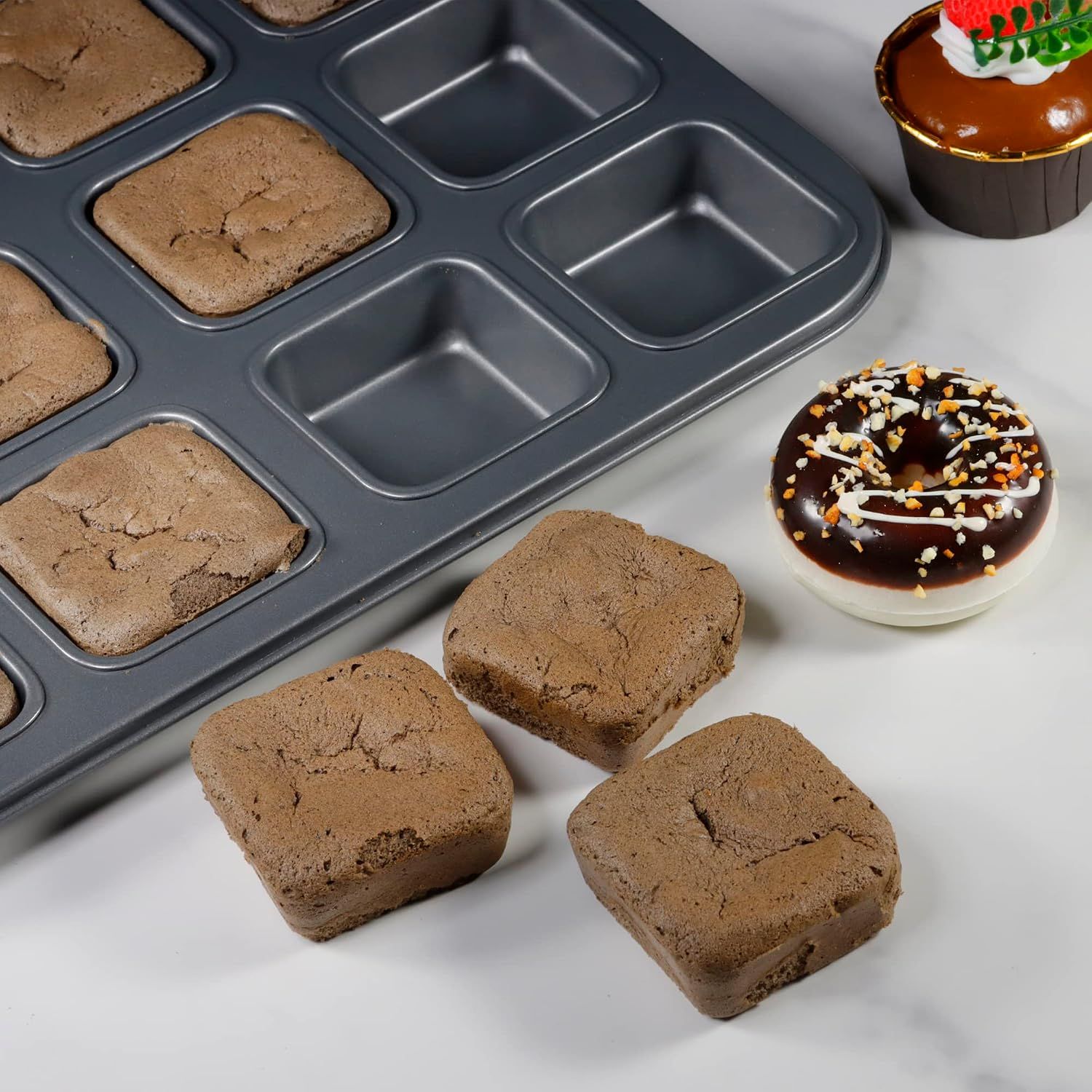 2 Pack 12 Cavity Brownie and Muffin Pans, Non Stick Carbon Steel Bakeware for Mini Cakes, Brownies, Bread and Desserts, Grey — image 4