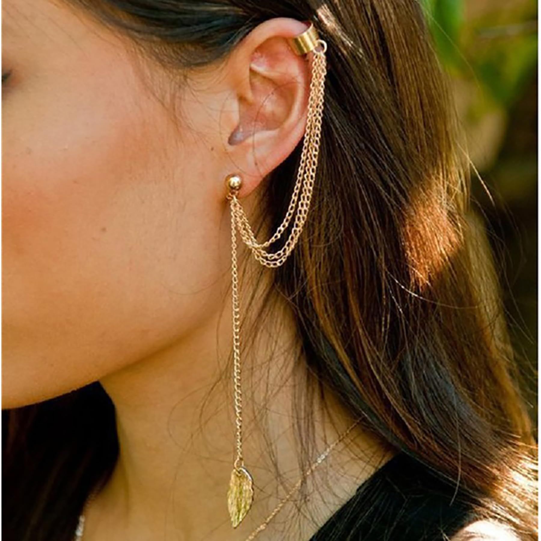 1 pcs The leaves pendant tassel earrings Cute Ear Cuff Non Piercing with Leaf Tassels Stud Earrings Dangle Earrings Jewelry — image 4