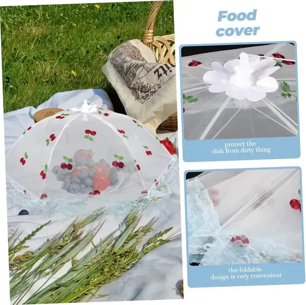Collapsible Mesh Food Cover Tent with Cherry Pattern for Outdoor BBQ, Picnics, Kitchen Tables, Cakes and Dish Protection, White — image 2