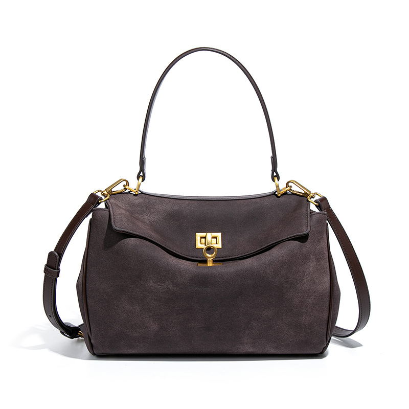 Coffee Women's Vintage Suede Satchel Bag - Elegant Top Handle Purse with Gold Lock