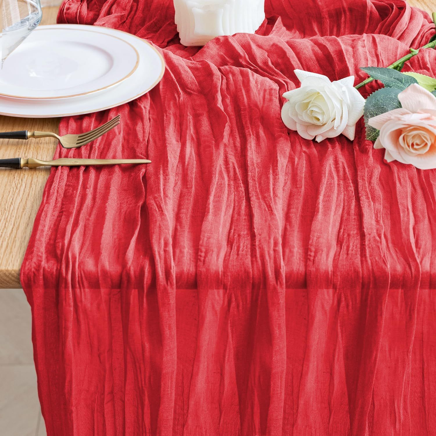 Cheesecloth Table Runner Christmas 10FT Red Boho Gauze Fall Cheese Cloth Table Runner for Party Long Rustic Sheer Table Runners for Baby Bridal Shower Wedding