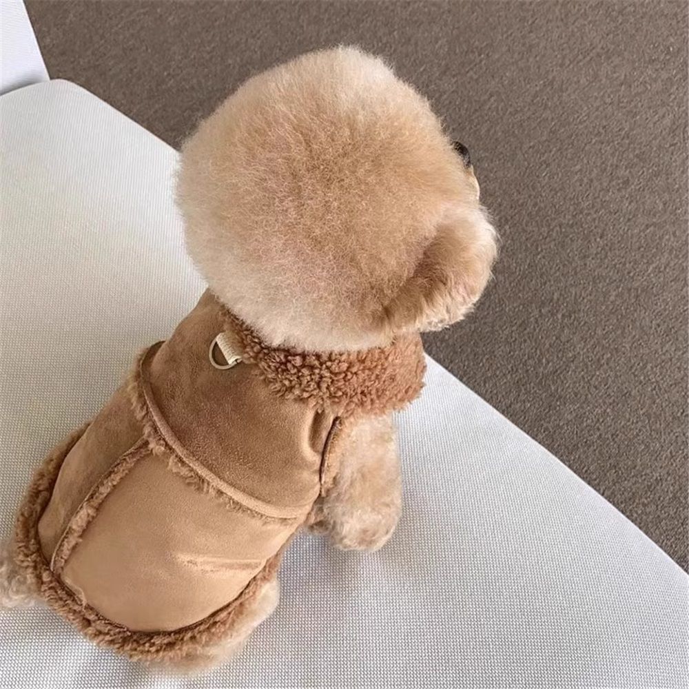 Warm and windproof suede dog clothing, suitable for small and medium-sized dogs, pet motorcycle clothing, Brown,S Excluding rope โ image 4