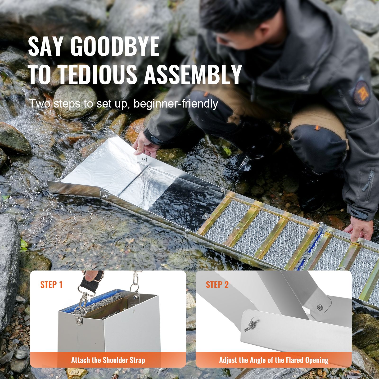 Gold Panning Kit With Sluice Box, 50" Aluminum Gold Mining Equipment, 23 PCS Gold Prospecting Kit with Gold Pan, Classifier Screen, Separating Magnet — image 6