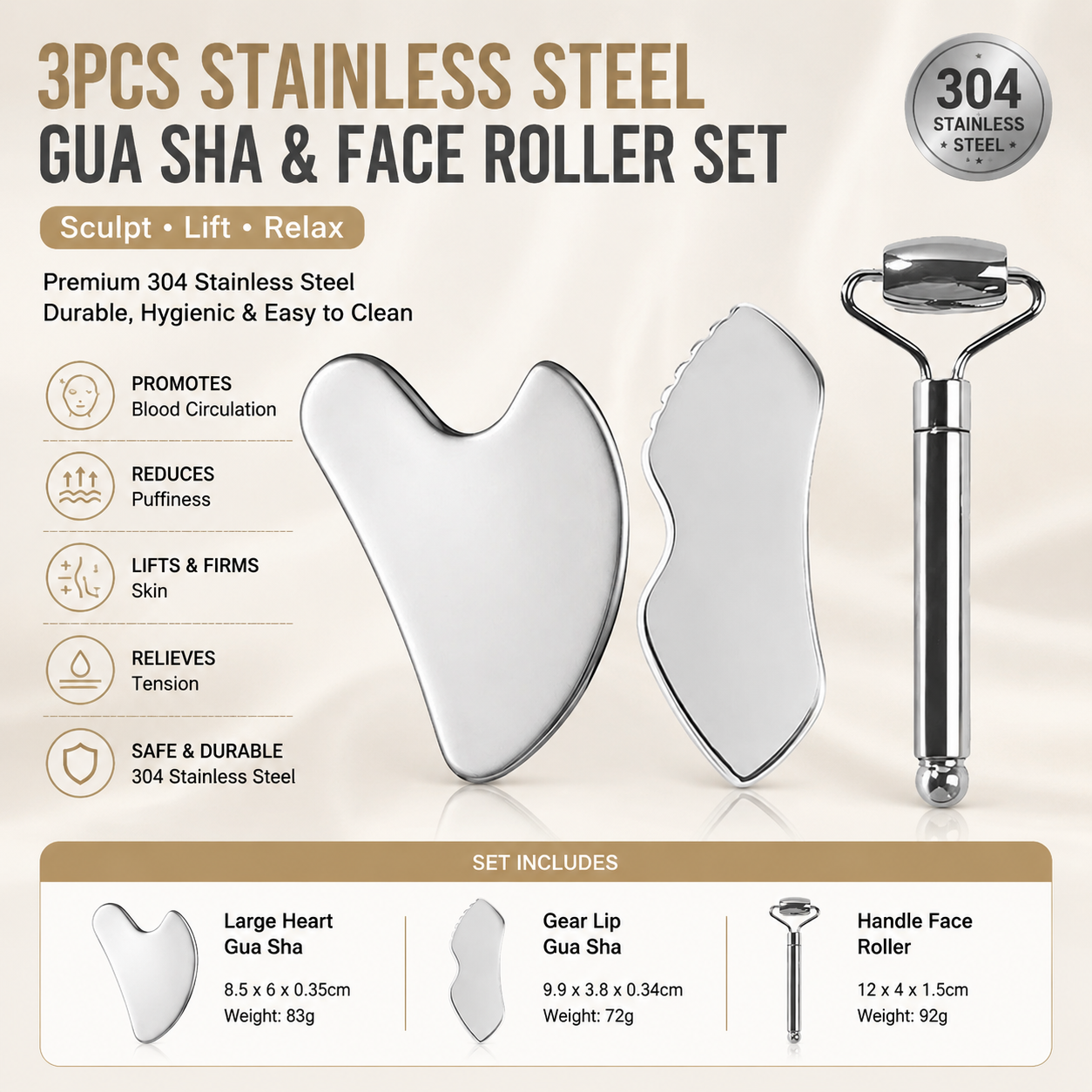 3-Piece Stainless Steel Scraping Board & Facial Massage Roller Set with Large Heart-Shaped Gua Sha Board, Gear Lip-Shaped Facial Gua Sha Plate and Round Handle