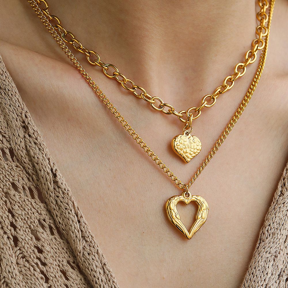 Gold-Plated Heart and Wings Choker Necklace Set, Layered Alloy Cuban Link Jewelry for Women