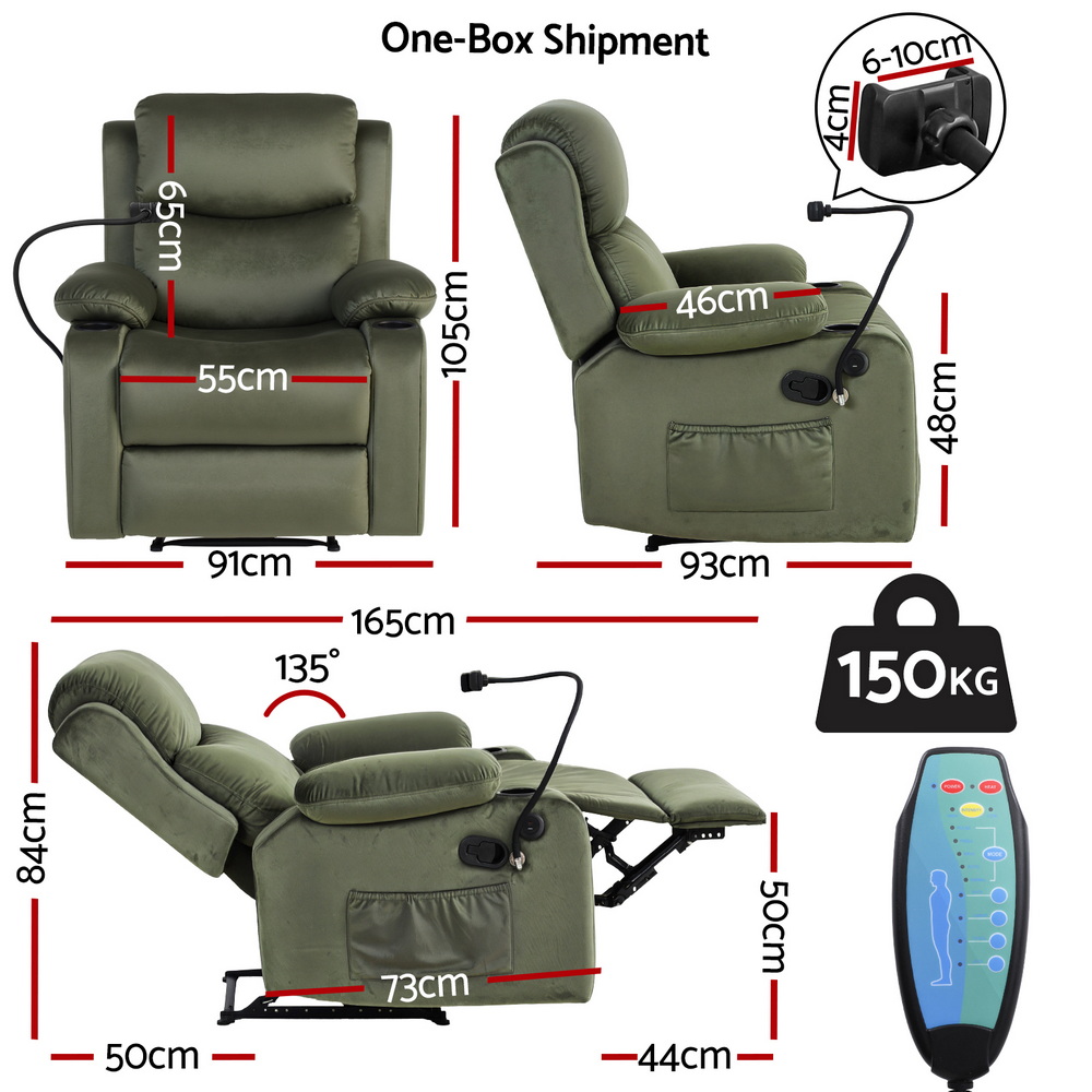 Artiss Recliner Chair Heated Massage Chair with Phone Holder Velvet — image 3