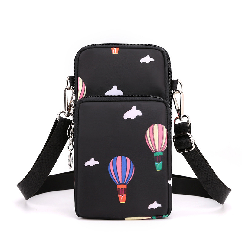 Black Balloon 3-Layer Waterproof Nylon Vertical Crossbody Phone Bag - Lightweight Phone Purse with Headphone Jack & Adjustable Strap