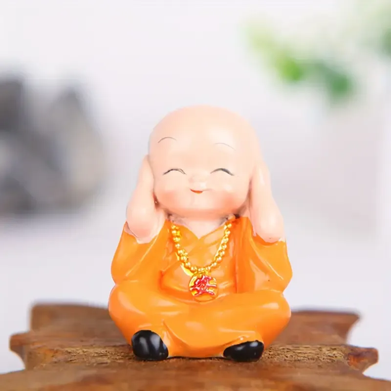 4-Pose Little Monk Resin Figurines, hand-painted, cover eyes/ears/mouth & cheek rest, mini size for car & desk decor, cute Zen vibes, stress-relief & healing — image 6