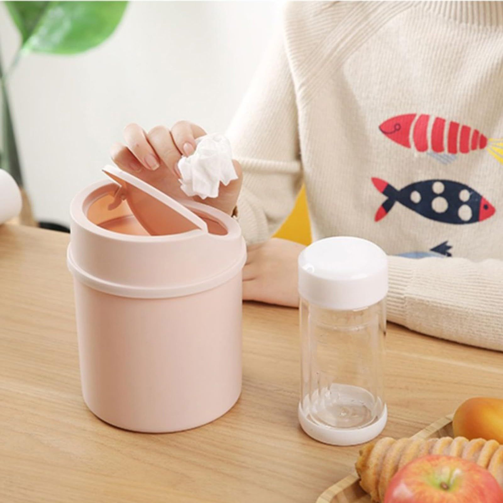 Mini Plastic Waste Garbage Can, Desktop Wastebasket Trash Can with Swing Lid, Stylish Countertop Round Small Trash Can (Pink) — image 5