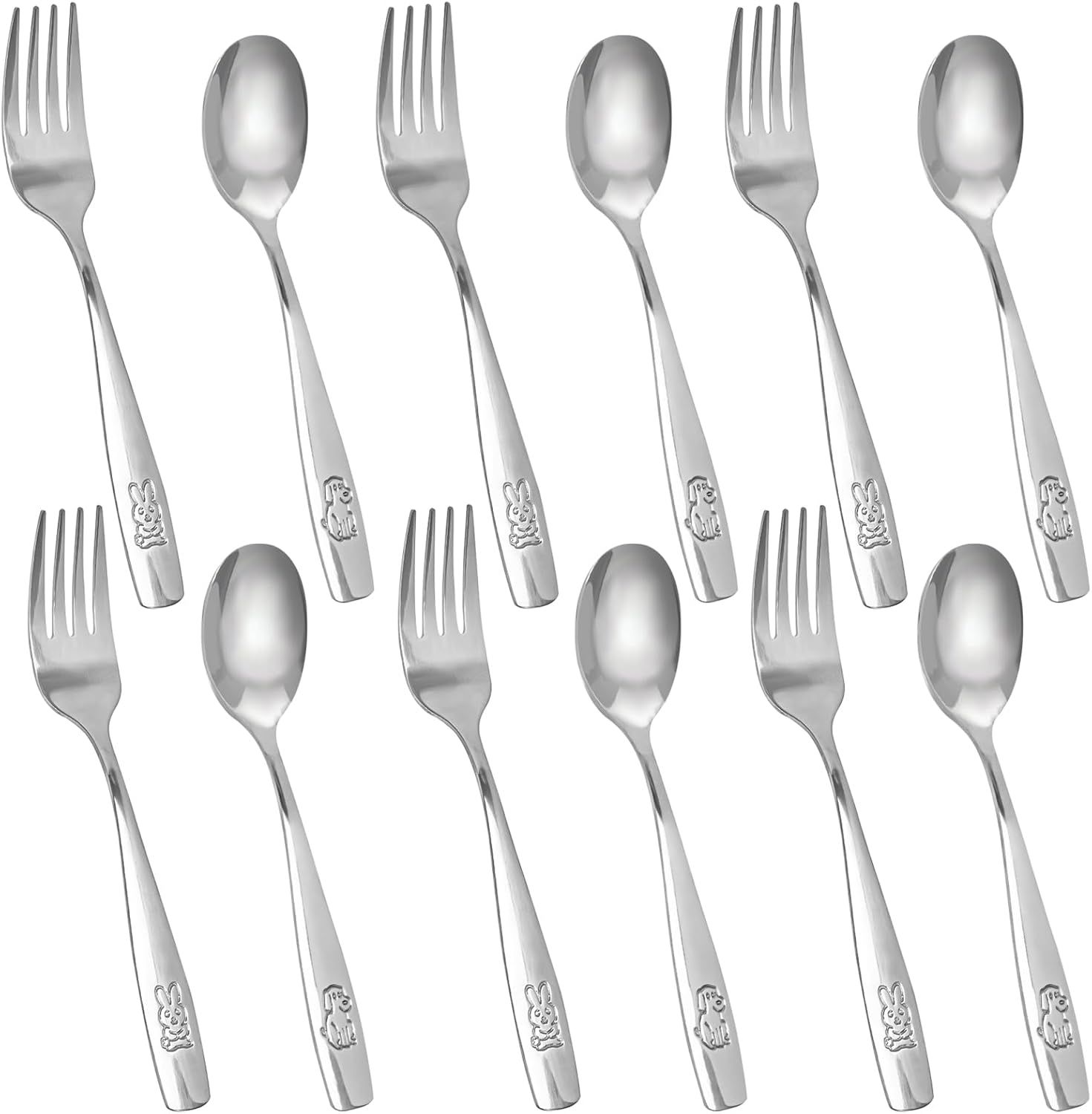 12PCS Toddler Utensils, Stainless Steel Kids Silverware, Safe Toddler Forks and Spoons, Mirror Polished, Dishwasher Safe, with Bunny & Puppy Motifs, Fun