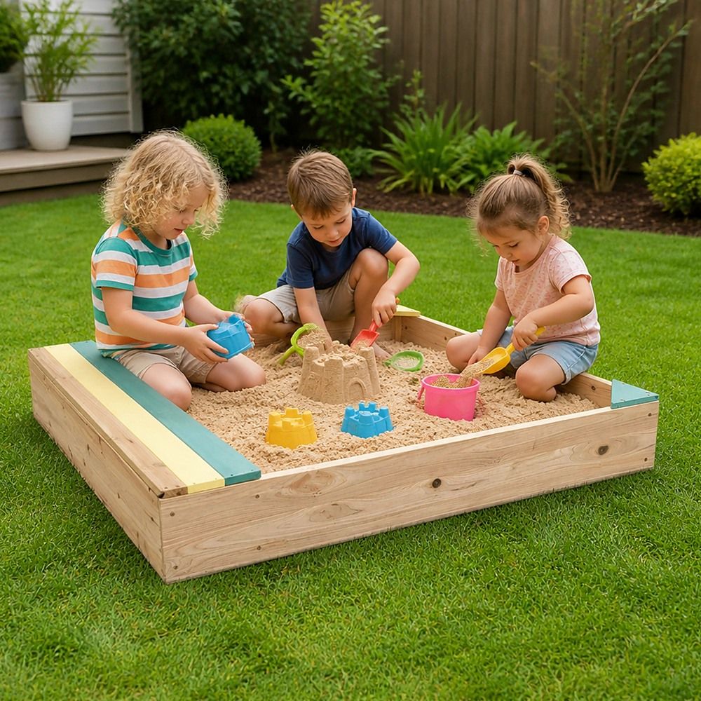 Wooden Kids Backyard Sandbox Outdoor Sandpit with Bench for Children โ image 2