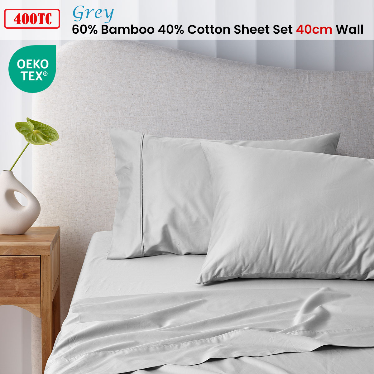 Accessorize 400TC Grey Bamboo Cotton Sheet Set 40cm Wall King Single โ image 2