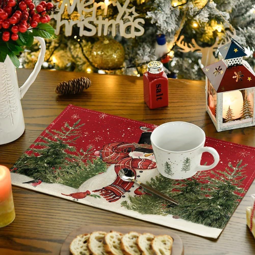4pcs，Snowman Cardinal Tree Christmas Table Mat, Seasonal Winter Bird Christmas Holiday Rural Retro Thanksgiving Washable Table Mat — image 5