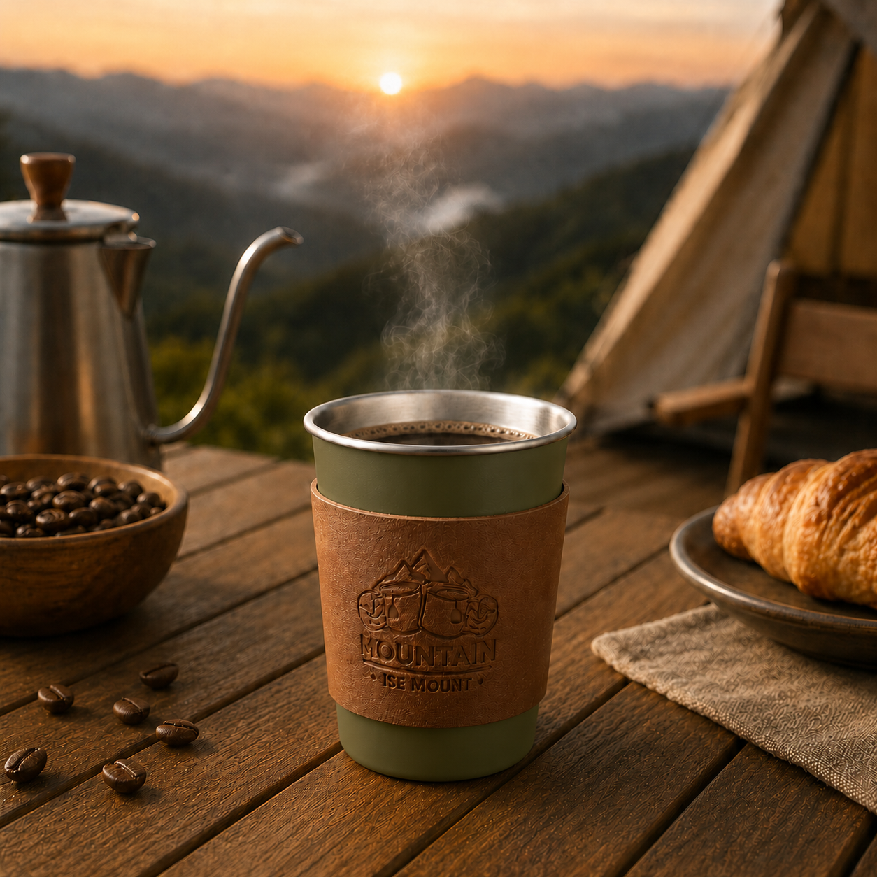 Green 304 Stainless Steel Camping Coffee Cup with Leather Sleeve – 350ml Portable Outdoor Drinking Cup, Beer Cup, Travel Mug for Camping, Hiking, Picnic and — image 2