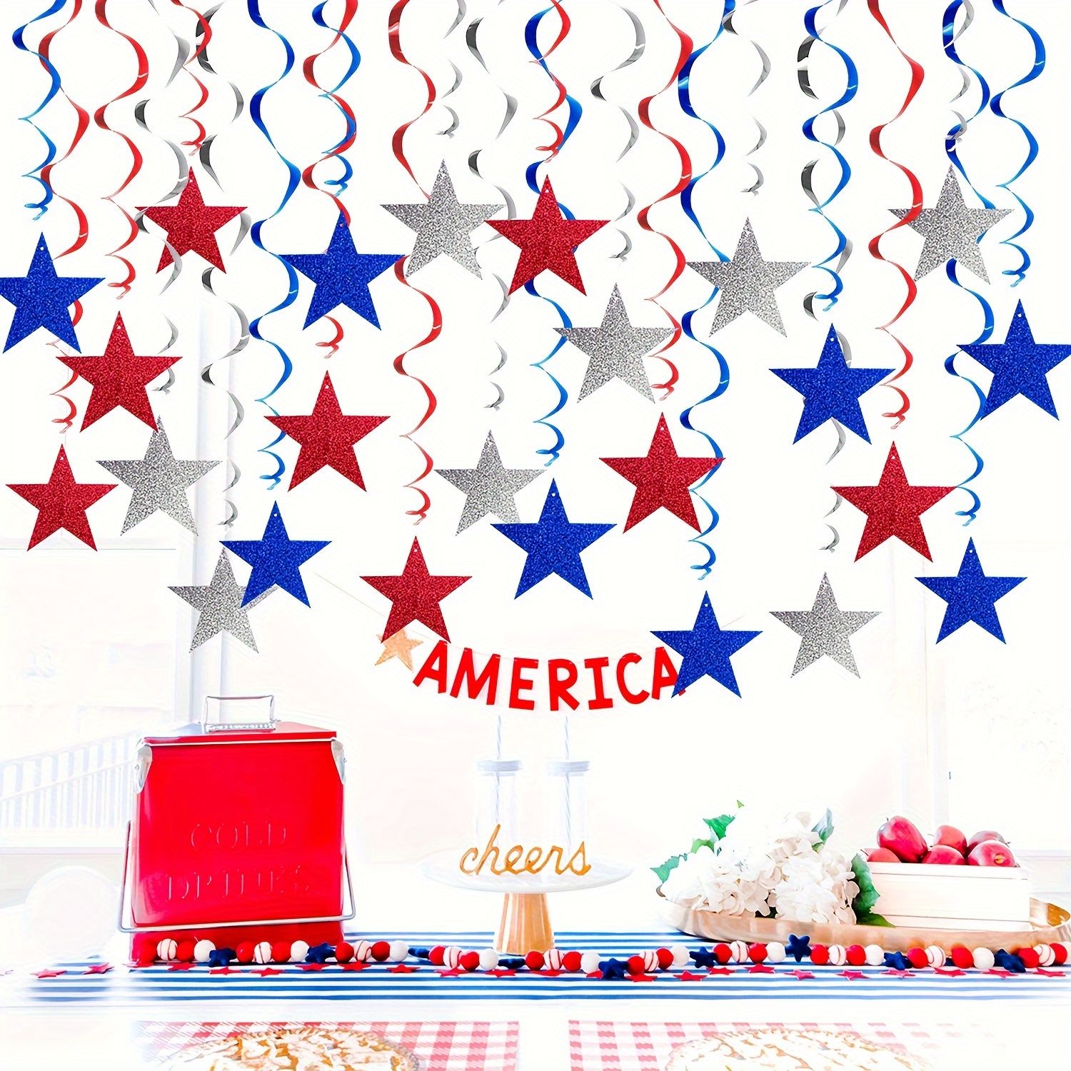 12pcs American Flag Star Garland, Patriotic Red White Blue Spiral Hanging Decorations for Independence Day, Memorial Day, Veterans Day, Home Party, 12pcs/Set — image 3