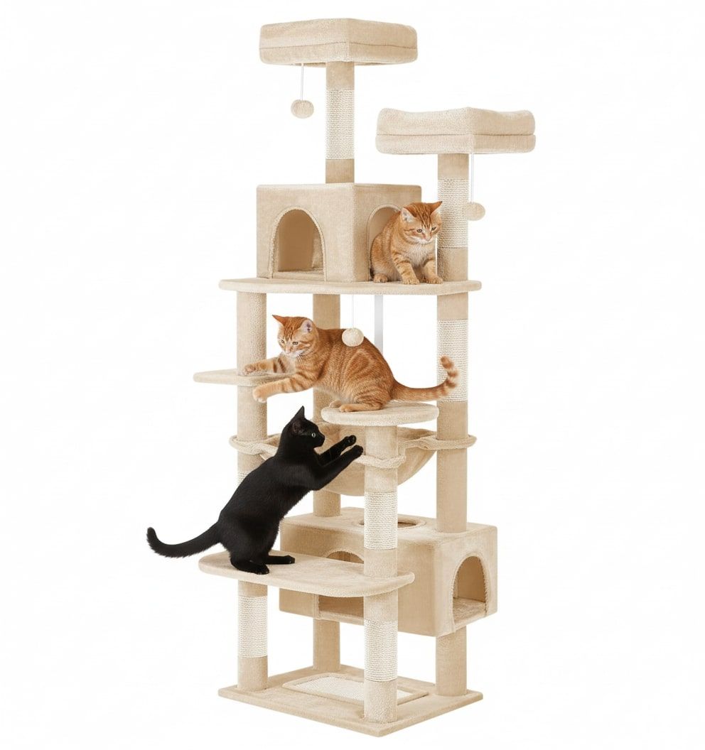 CARLA HOME 180cm Cat Tree Tower for Indoor Cats with Plush Perches, Dual Condos, Natural Sisal Scratching Posts & Ramps for Kittens & Adult Cats