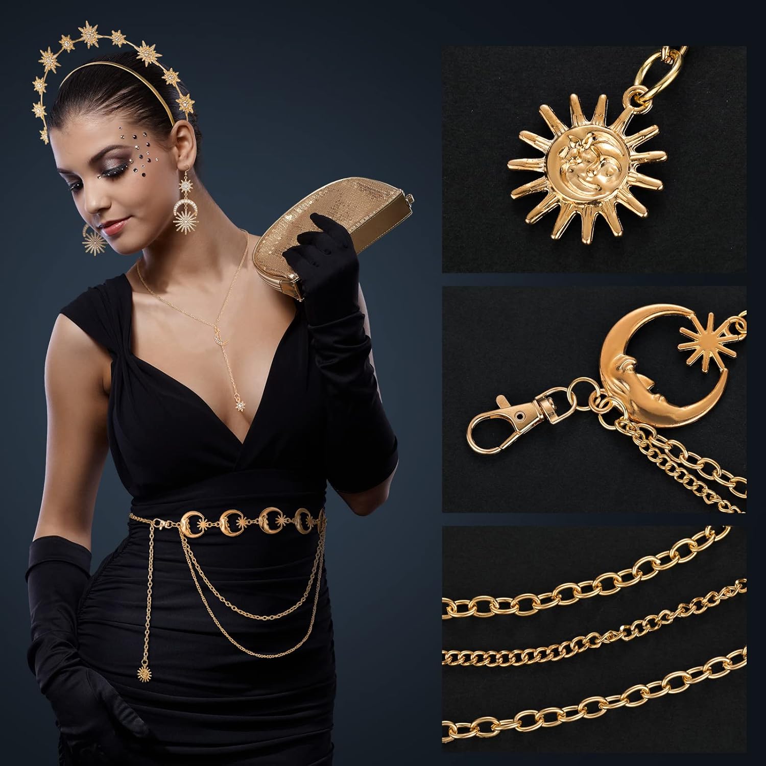 Glenmal 4 Pieces Celestial Jewelry Moon Stars Crown Necklaces and Body Chain Headband Drop Earrings for Women โ image 2