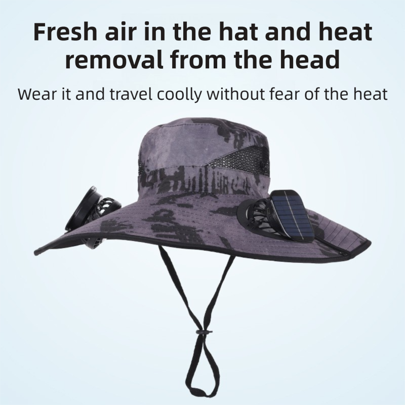 Dark Grey Dual Turbo Fan Sun Hat with Round Solar Panel & TypeC Interface - Waterproof 14cm Wide-Brim Cooling Hat for Outdoor Fishing Hiking Camping — image 2