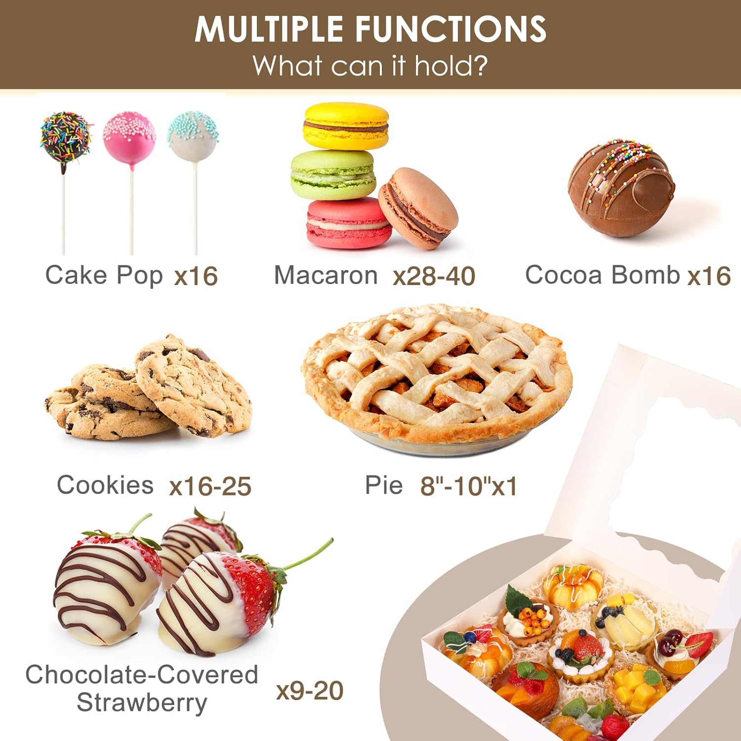 35pcs Bakery Boxes, 10x10x2.5 Inches Auto-Popup Cookie Boxes with Window for Pie, Cookie Cake, Treats, Pastries, Chocolate Covered Strawberries — image 4