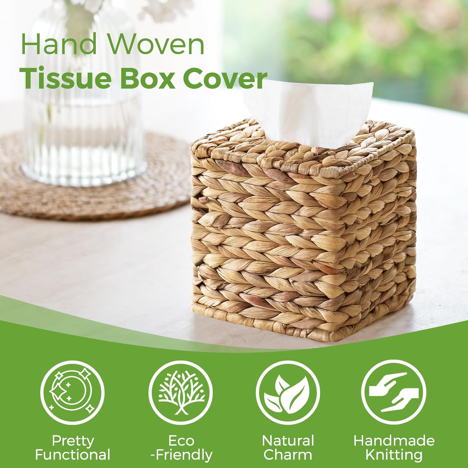 Tissue Box Cover, Square Wicker Tissue Box Holder Facial Tissues Boxes, Hand Woven Napkin Box Tissue Holder for Bathroom Bedroom Office Table Desk Night Stand — image 3