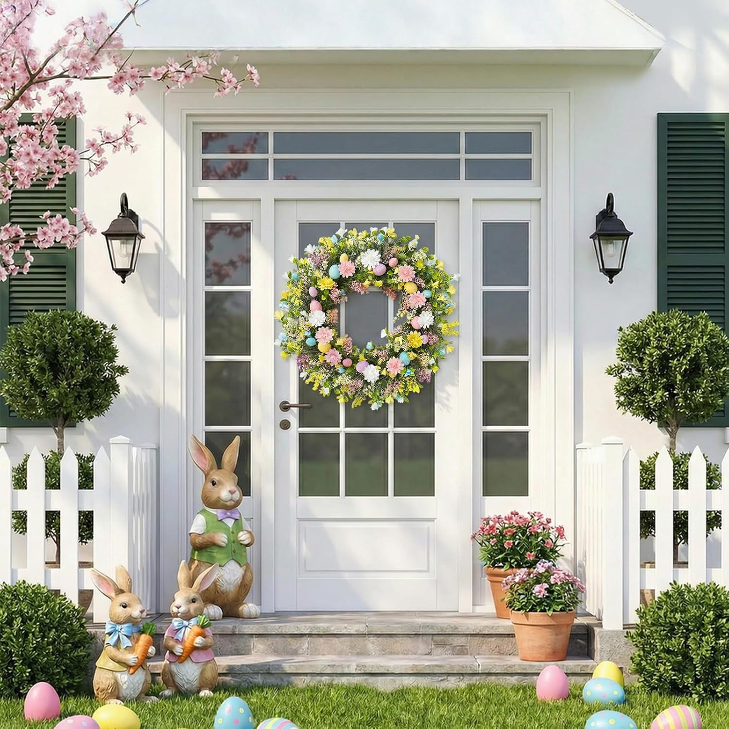 Easter Wreath for Front Door Decorations, Easter Egg Door Wreath Decorations, Spring Wreaths with Pastel Eggs Flowers Eucalyptus Leaves for Front Door Outside โ image 3