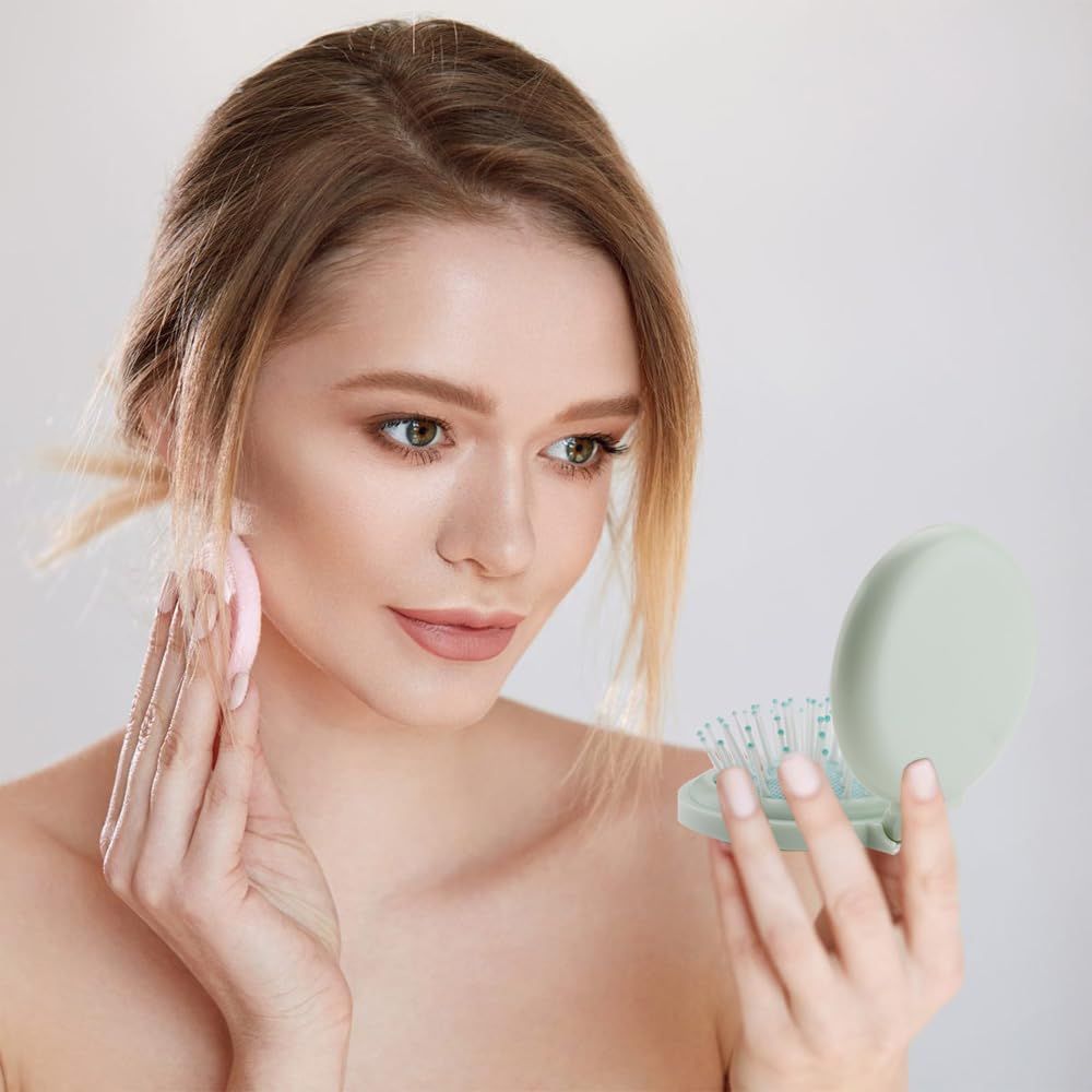 Mini Brush with Mirror - Green Travel Folding Hair Brush for Purse, Wet Brush for Women not taking up space and convenient — image 4