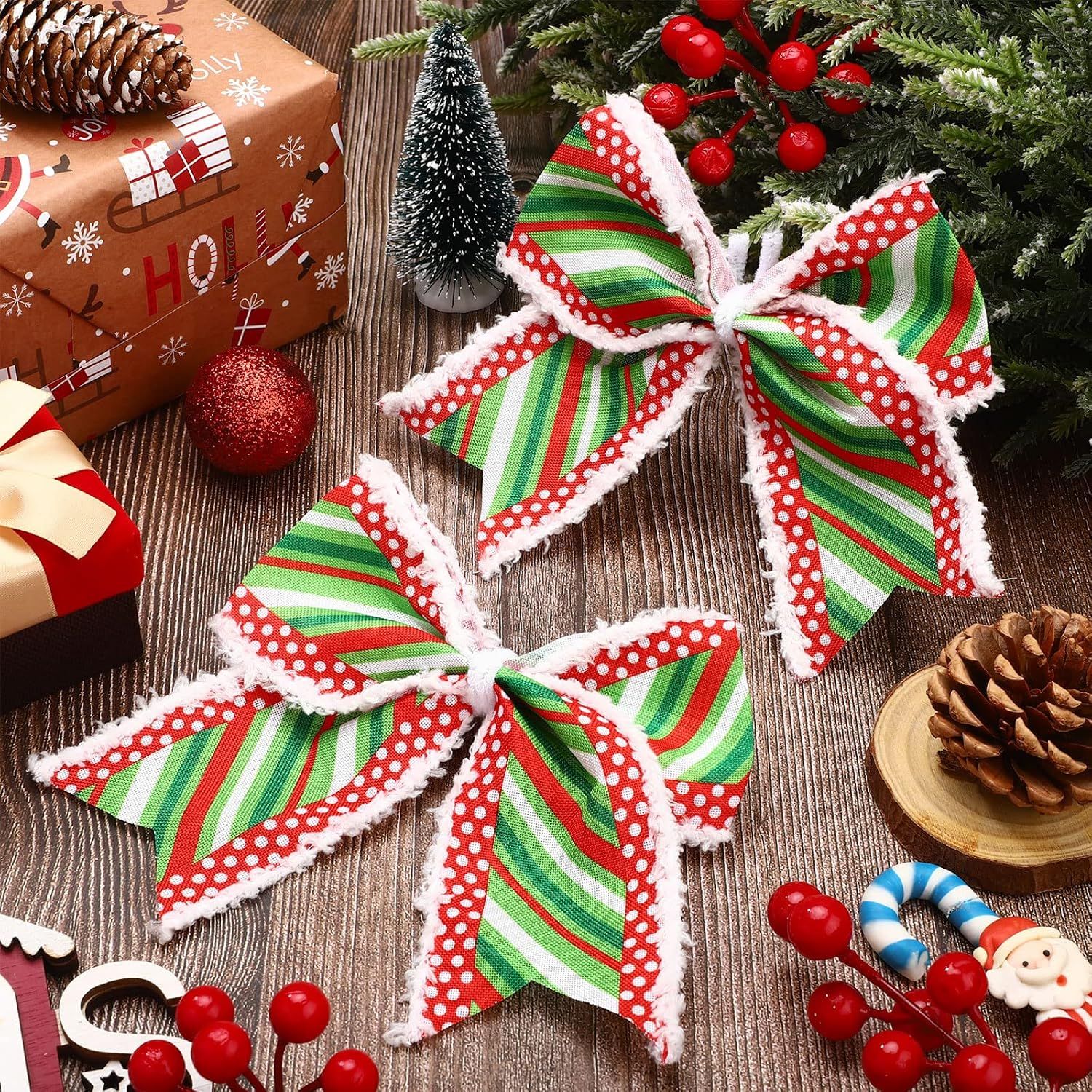 12 Pcs Red Green Christmas Bows Decoration 6 Inch Large Christmas Wreaths Bows Xmas Tree Dot Ribbons Ornaments for Garland Wedding Party(Red and Green,Stripe โ image 4