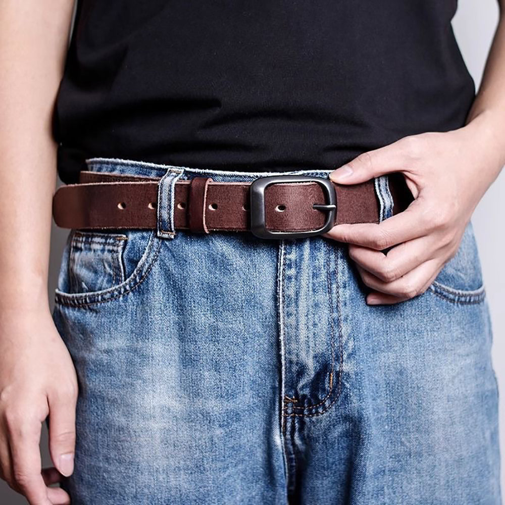Men's Genuine Leather Belt Vintage Cowhide Pin Buckle 125cm Adjustable Length โ image 2