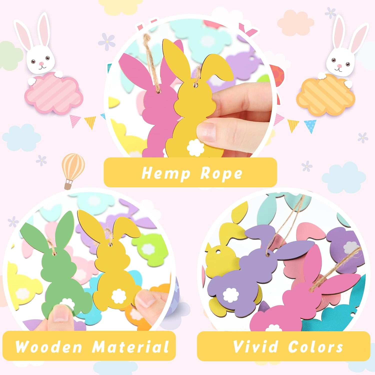 36 Pcs Easter Bunny Tree Ornaments Easter Wooden Hanging Decor 12 Color Rabbit Embellishments for Tree Wood Bunny Tags Rabbit Shape Cutouts with String for — image 4