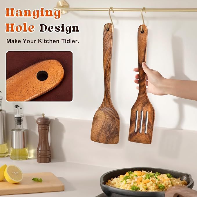 2Pcs Wooden Spatula, Acacia Solid & Slotted Turner Spatula Set, Long Handle Flat Frying Spatulas, Ideal Kitchen Gift for Mother and Grandma, Kitchen Utensils — image 4