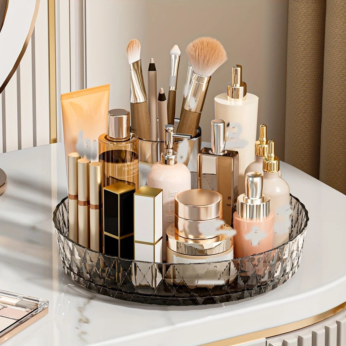 2PCS Acrylic Lazy Susan Organizer with Diamond Design | 360° Rotating Makeup & Vanity Tray | Modern Kitchen & Bathroom Storage(Transparent yellowish brown) — image 2