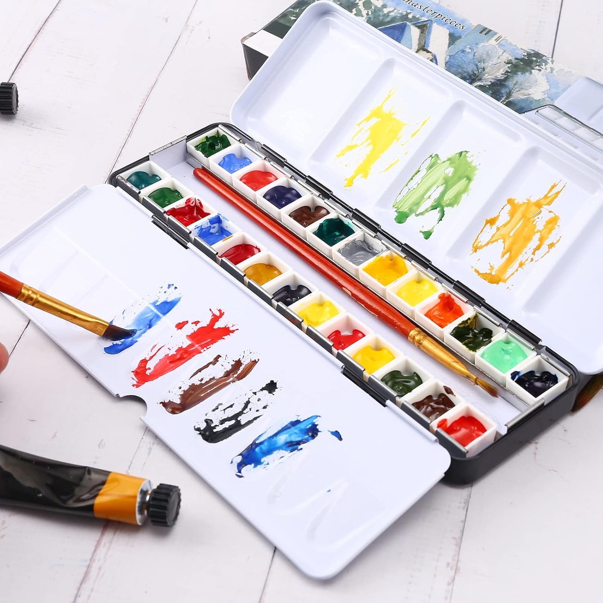 Watercolor paint box - 1 piece - Palettes - Paint box - Watercolor Palette Paint box - metal watercolor tin - with 26 small squares - foldable - with lid - for — image 3