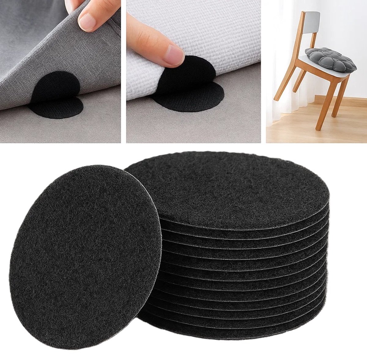 10 Pairs Self-Adhesive Double-Sided Hook and Loop Tape with Anti-Slip | Velcro | Self-Adhesive Pads | 6 CM Diameter | Carpet Tape | Furniture Tape | Black
