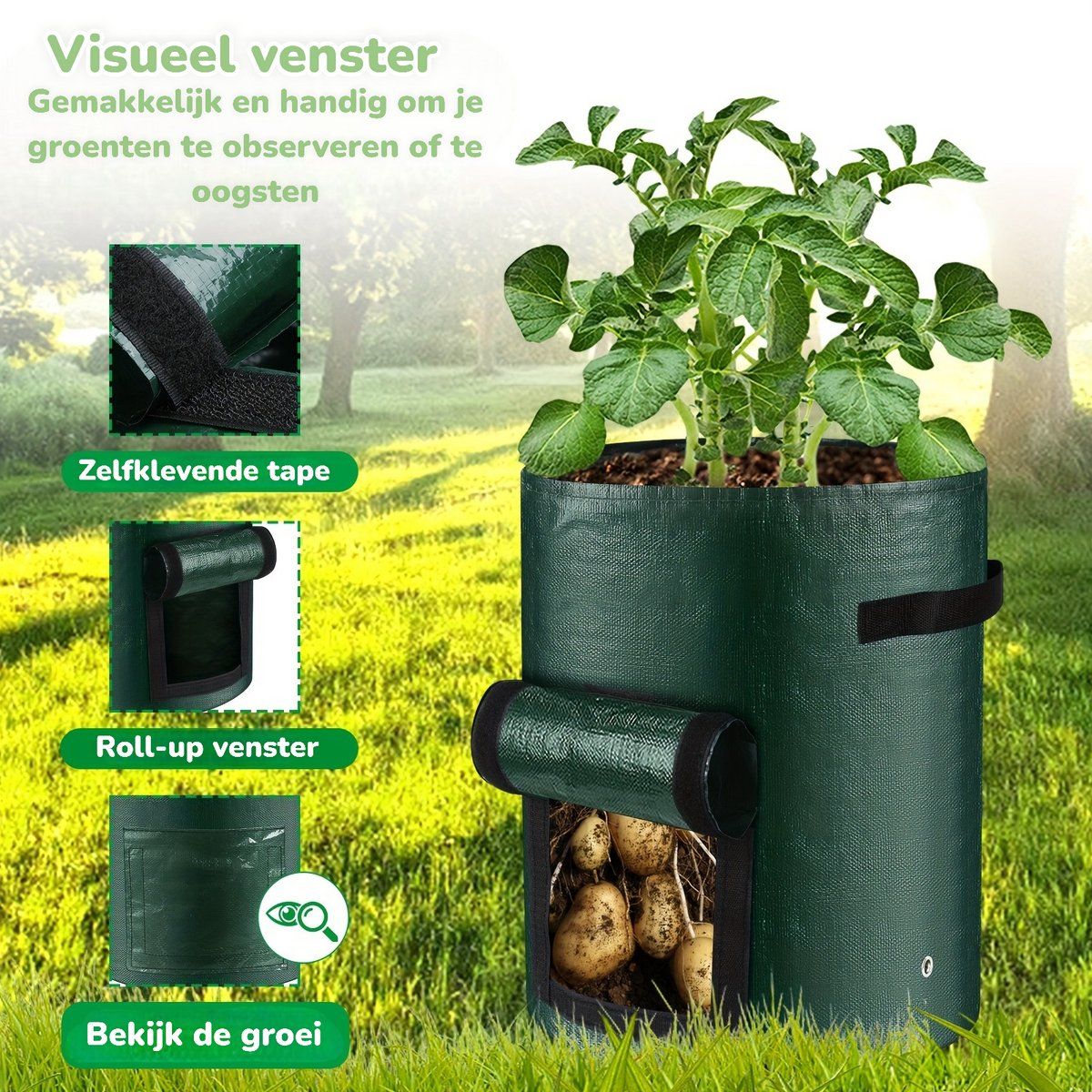 5 Pieces 38 L Grow Bags with Handles and Harvest Window, Breathable Planter Bags for Potatoes, Carrots and Vegetables, Green — image 2