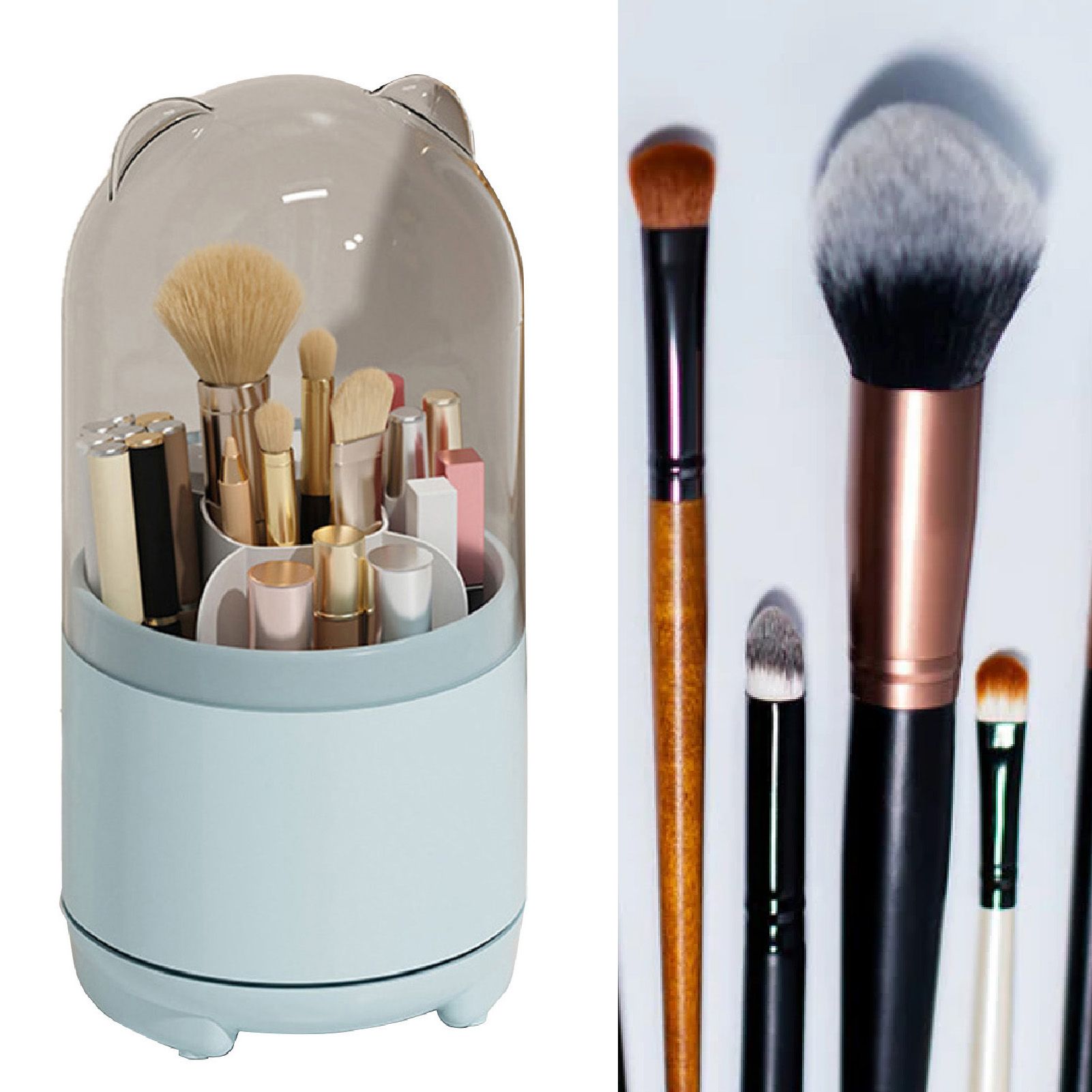 Makeup Brush Storage Container 360 Degree Rotating Dust Prevention Transparent Lid Large Capacity Makeup Brush Holder Blue — image 6