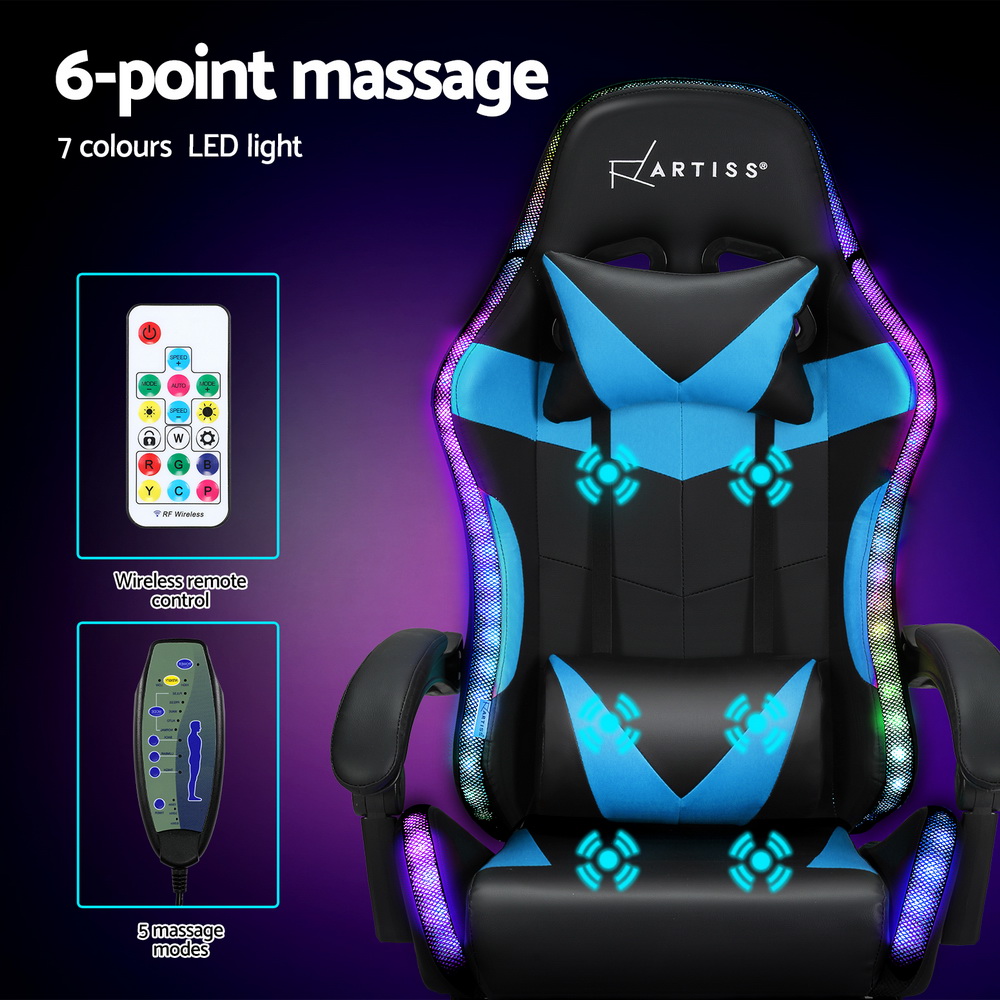 Artiss 6 Point Massage Gaming Office Chair 7 LED Footrest Cyan Blue โ image 4